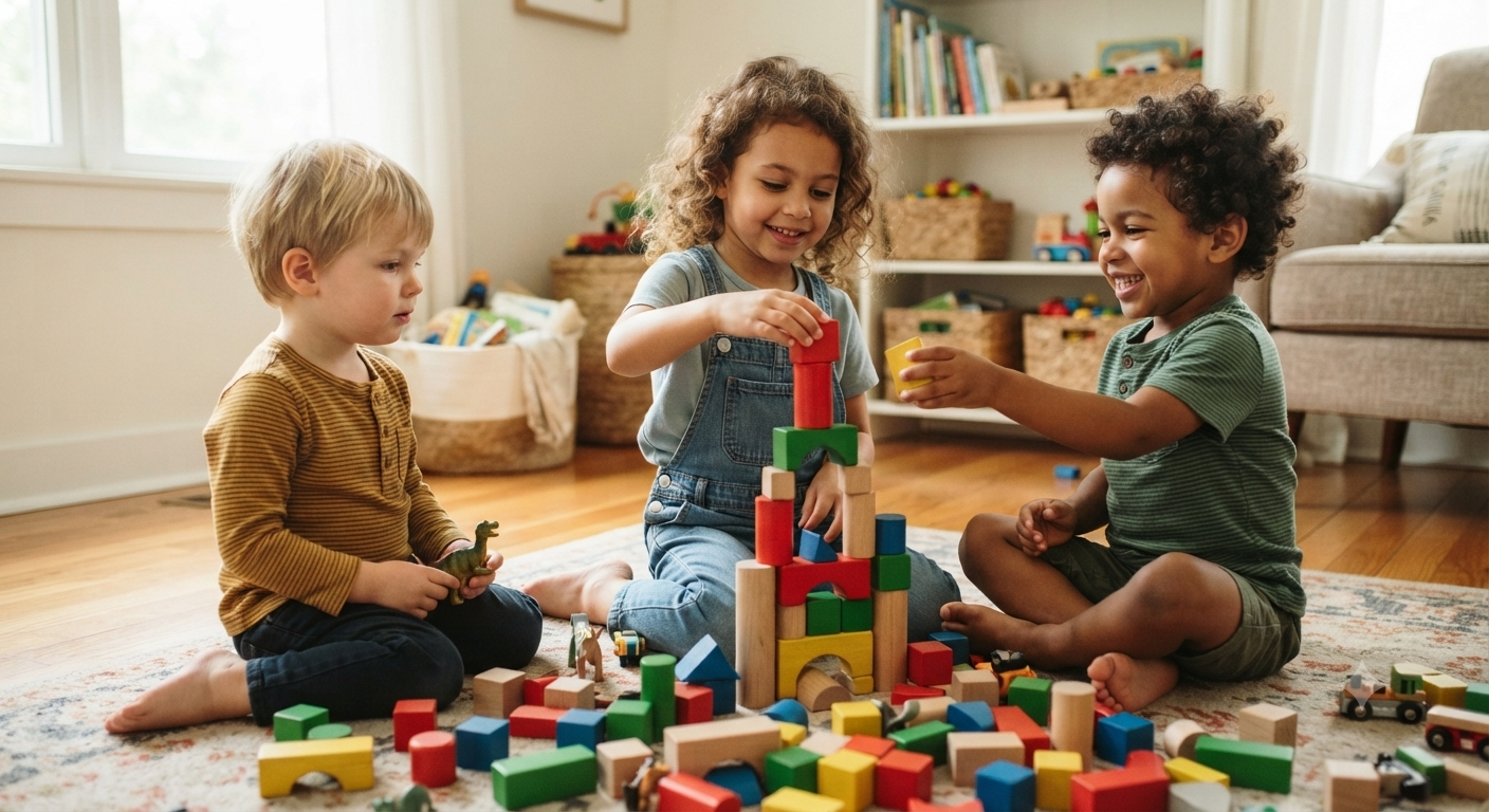 Children playing with colourful building blocks